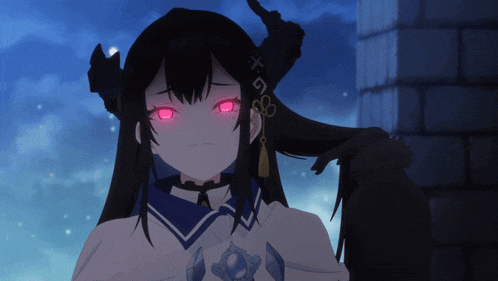a girl with red eyes has the letters xg on her ear