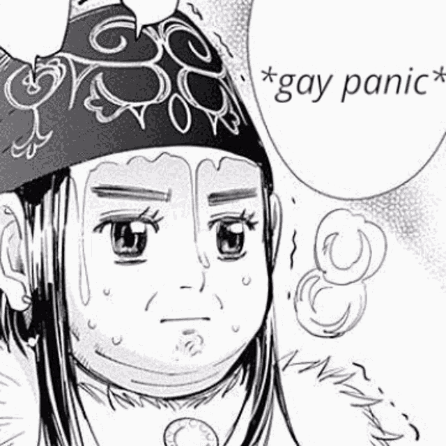 a black and white drawing of a woman wearing a bandana and a hat with the words `` gay panic '' written on it .