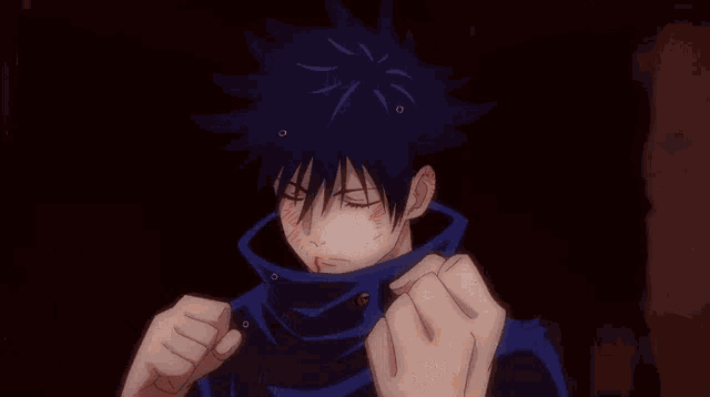 a shirtless anime character with pink hair is smiling with tears running down his face