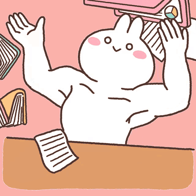 a cartoon of a bunny holding a pink laptop with an apple on it