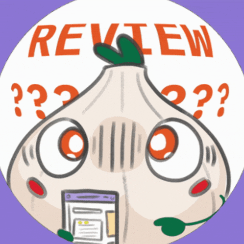 a cartoon of a onion with a microphone and the words review on the top