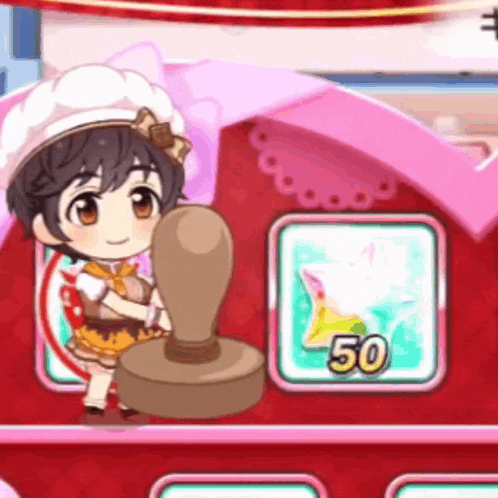 a cartoon girl is holding a stamp in front of a red sign that says 50