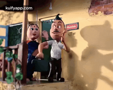 a couple of cartoon characters are standing in front of a house .