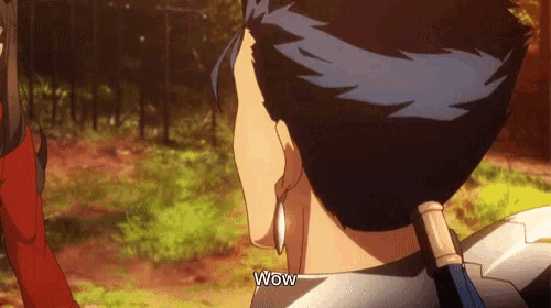 a man with a sword says wow in front of a woman