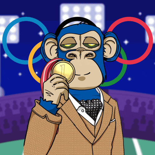 a cartoon of a monkey wearing headphones and holding a gold medal with the number 1 on it