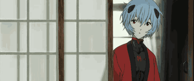 a girl with blue hair is wearing a red and black jacket with the number 08 on it