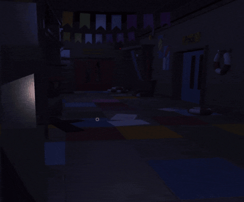 a dark hallway with a few flags on the wall and a sign that says pool