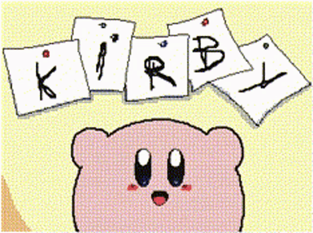 a cartoon drawing of kirby with the word kirby written on the papers