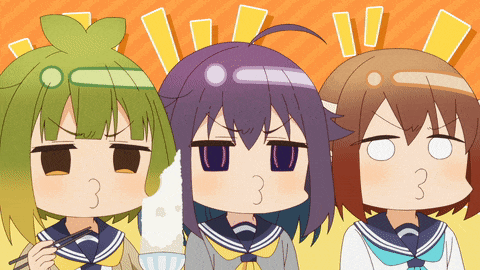 three anime girls with different facial expressions are standing next to each other with one holding chopsticks