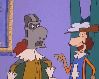 two cartoon characters are standing next to each other pointing at each other .
