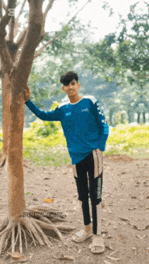 a young man in a blue shirt is leaning against a tree with pinku-box written below him