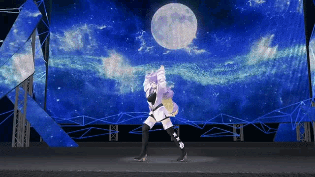 a girl with purple hair is dancing in front of a large screen with a full moon in the background