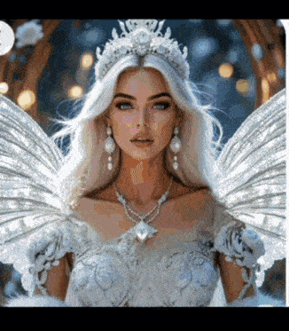 a woman in a white dress with wings and a tiara on her head .