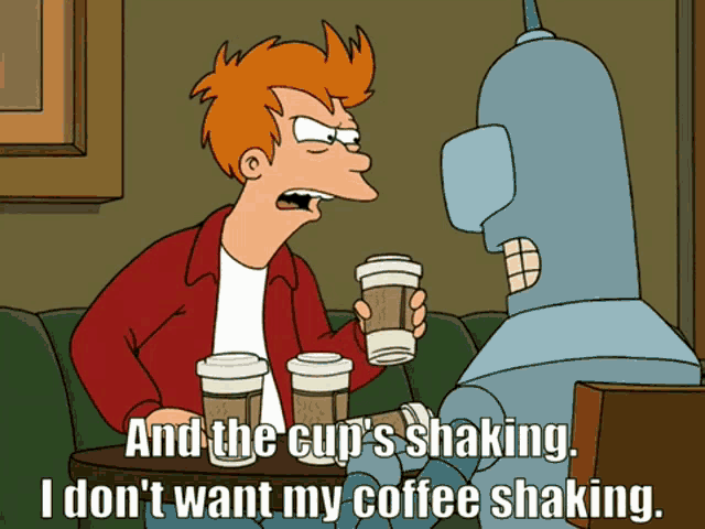fry from futurama is sitting at a table with a robot holding a cup of coffee