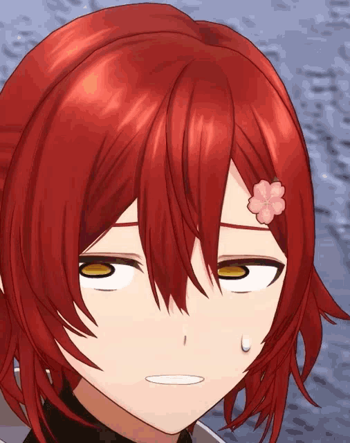 a close up of a red haired anime character with a pink flower on her forehead