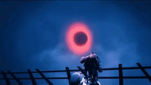 a cartoon character is standing on top of a fence looking at a red circle in the sky .