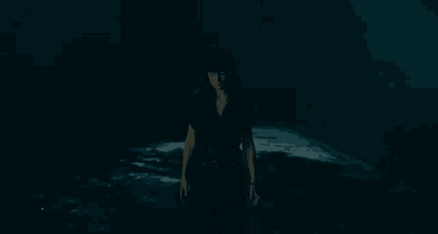 a woman in a top hat is standing in the dark