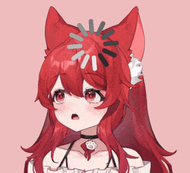 a girl with red hair and cat ears has a loading circle on her head