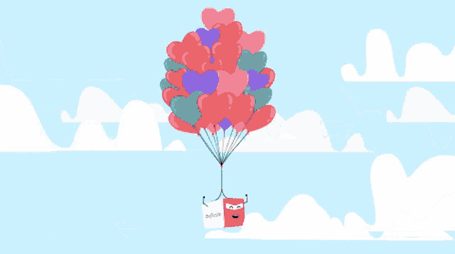 a bunch of heart shaped balloons are flying in the sky with a sign that says ' sydney ' on it