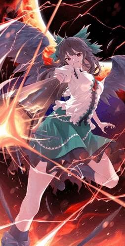 a girl with wings is holding a lightning bolt