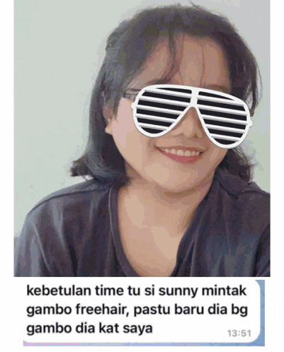 a picture of a woman wearing sunglasses with the time 1351 on the bottom