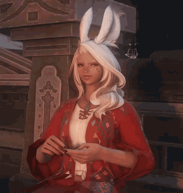 a woman with bunny ears is holding a cup of tea