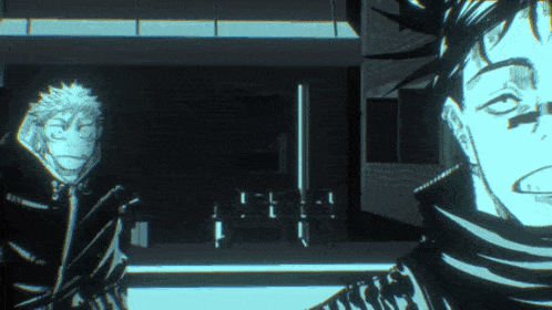 two anime characters are standing next to each other in a dark room with a brick wall in the background