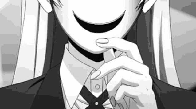 a black and white drawing of a girl in a suit and tie with a smiley face .