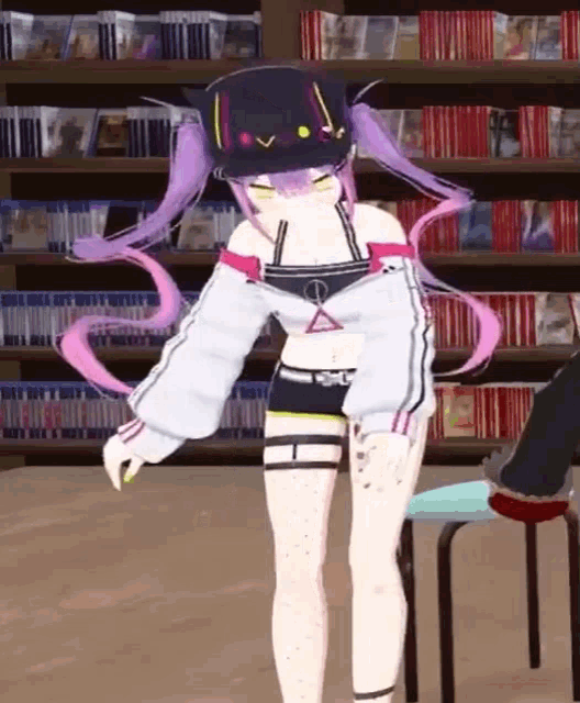 a 3d anime girl with purple hair is standing in front of a bookshelf .