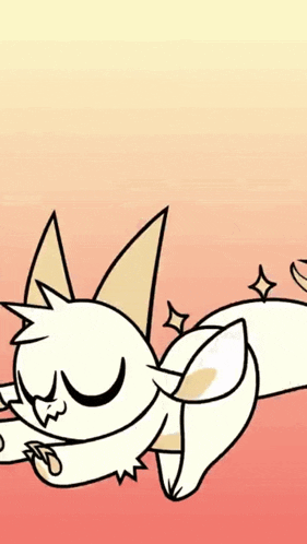 a cartoon drawing of a cat laying down with its eyes closed on a pink and yellow background .