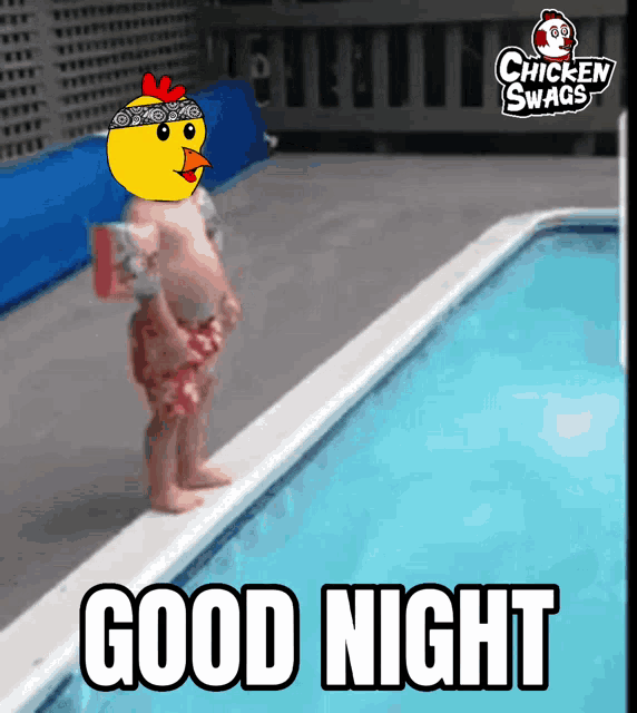 a chicken swag advertisement shows a child standing next to a swimming pool