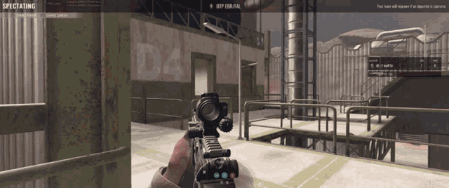 a person holding a rifle in front of a building with d4 on it