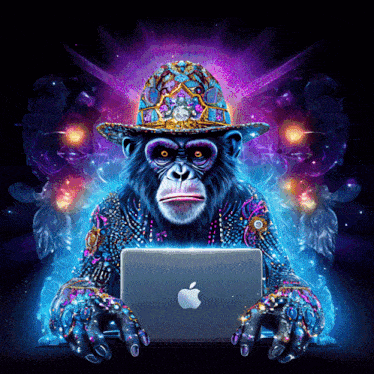 a chimpanzee wearing a hat is using an apple laptop