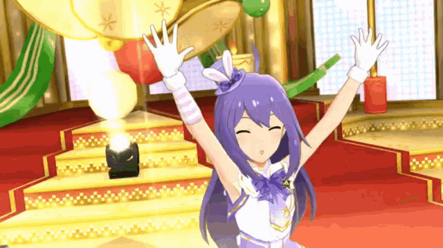 a girl with purple hair and white gloves is standing on a stage