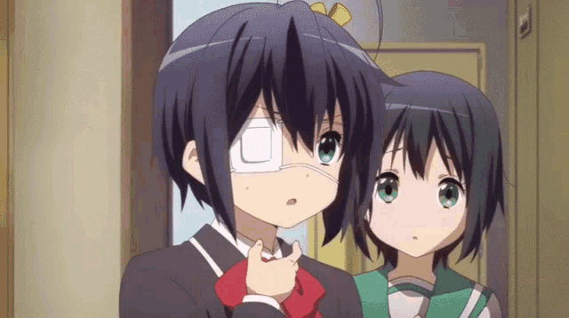 two anime girls are standing next to each other and one has an eye patch on her eye