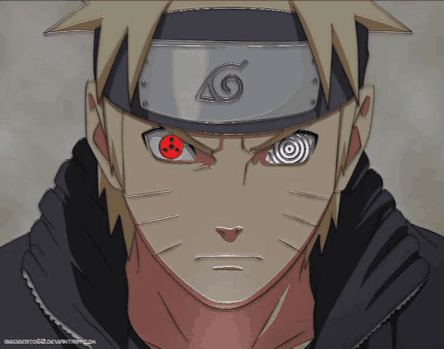 a close up of naruto 's face with a headband and red eyes