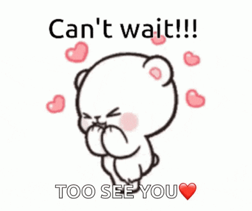 a cartoon of a teddy bear blowing a kiss with the words `` can 't wait !!! too see you '' .