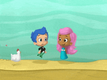 a boy with blue hair and a girl with pink hair are talking to each other