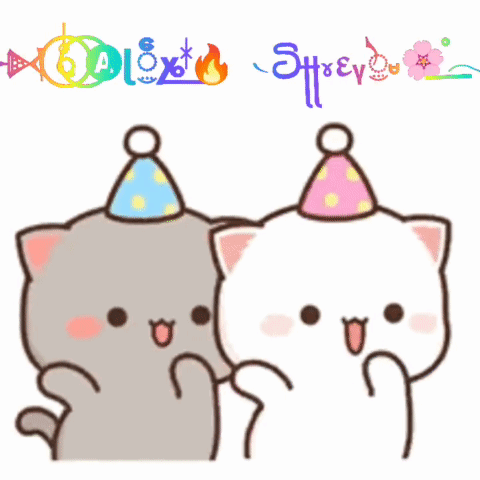two cartoon cats wearing party hats are standing next to each other with the words " happy birthday " written above them