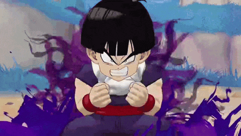 a cartoon character with a purple background has his fist in his mouth