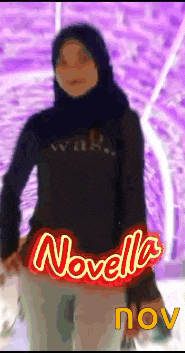 a woman wearing a hijab stands in front of a neon sign that says novella nov