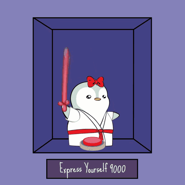 a penguin is holding a laser sword in front of a sign that says " i love you "