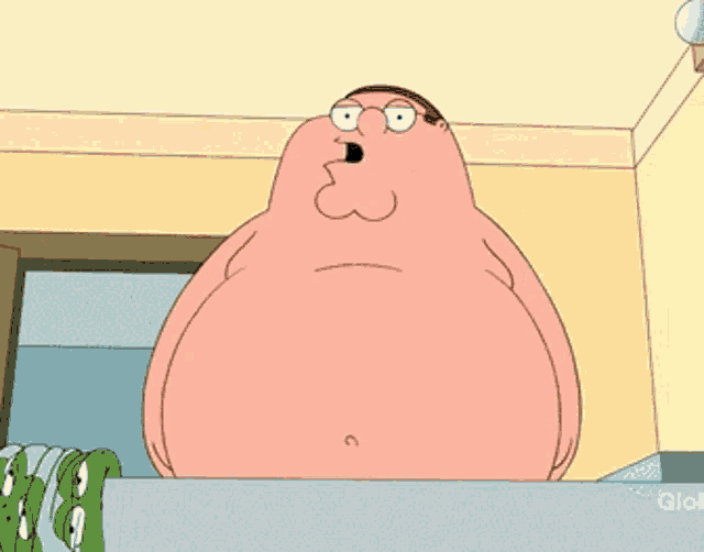 a cartoon character named peter griffin is standing on a balcony with his mouth open