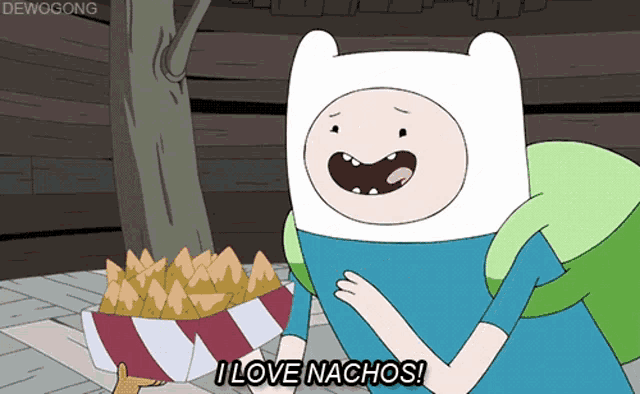a cartoon character says " i love nachos " in front of a bowl of nachos