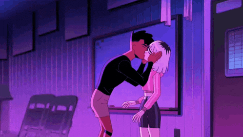 a man and a woman kissing in front of a window