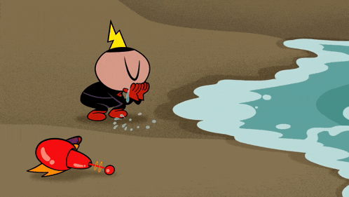 a cartoon character wearing a party hat stands on a beach near the ocean