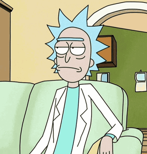 rick from rick and morty sits on a couch with his eyes closed