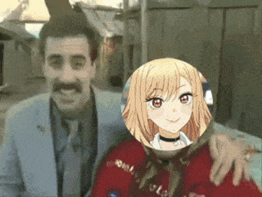 a man with a mustache is hugging a girl with a picture of a girl in the middle