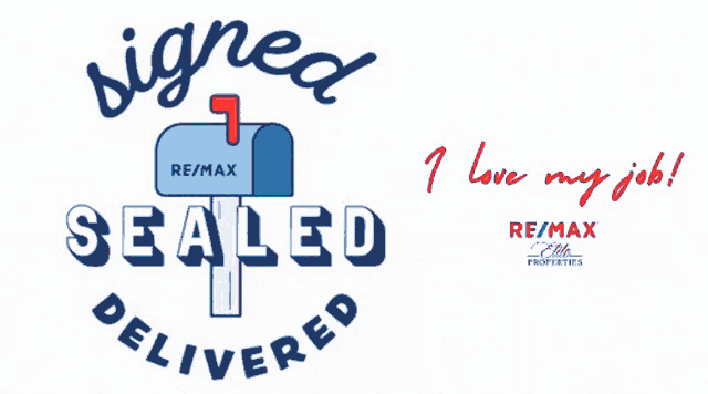 a sign that says signed sealed delivered with a blue mailbox
