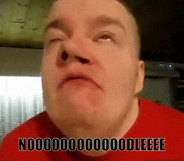 a man in a red shirt is making a funny face with the words nooo on the bottom right